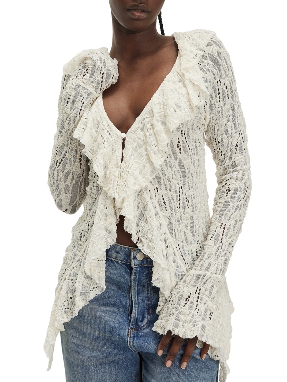 Free People Laney Open-Knit Ruffled Cardigan Sweater Sz S NWT